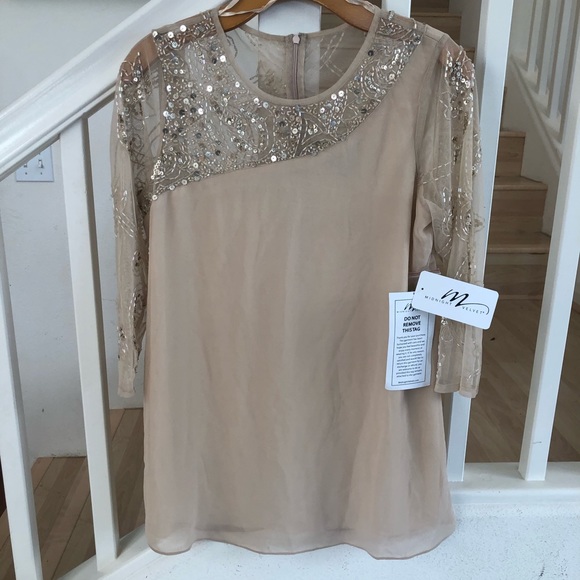 Midnight Velvet Tops - Sheer nude beige embellished blouse